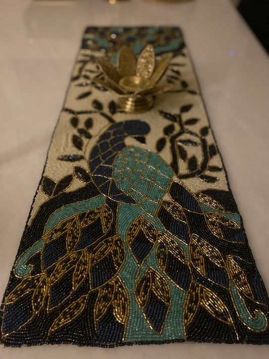 Handcrafted Blue Peacock Table Runner