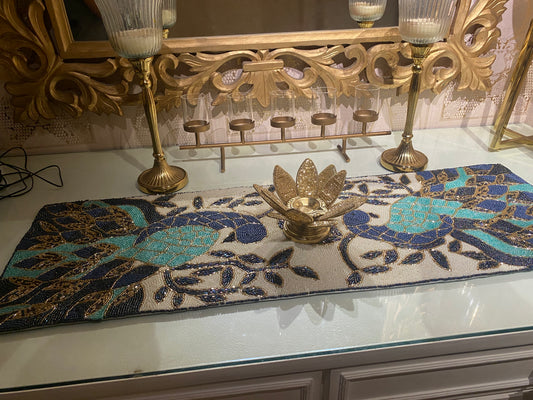 Handcrafted Blue Peacock Table Runner