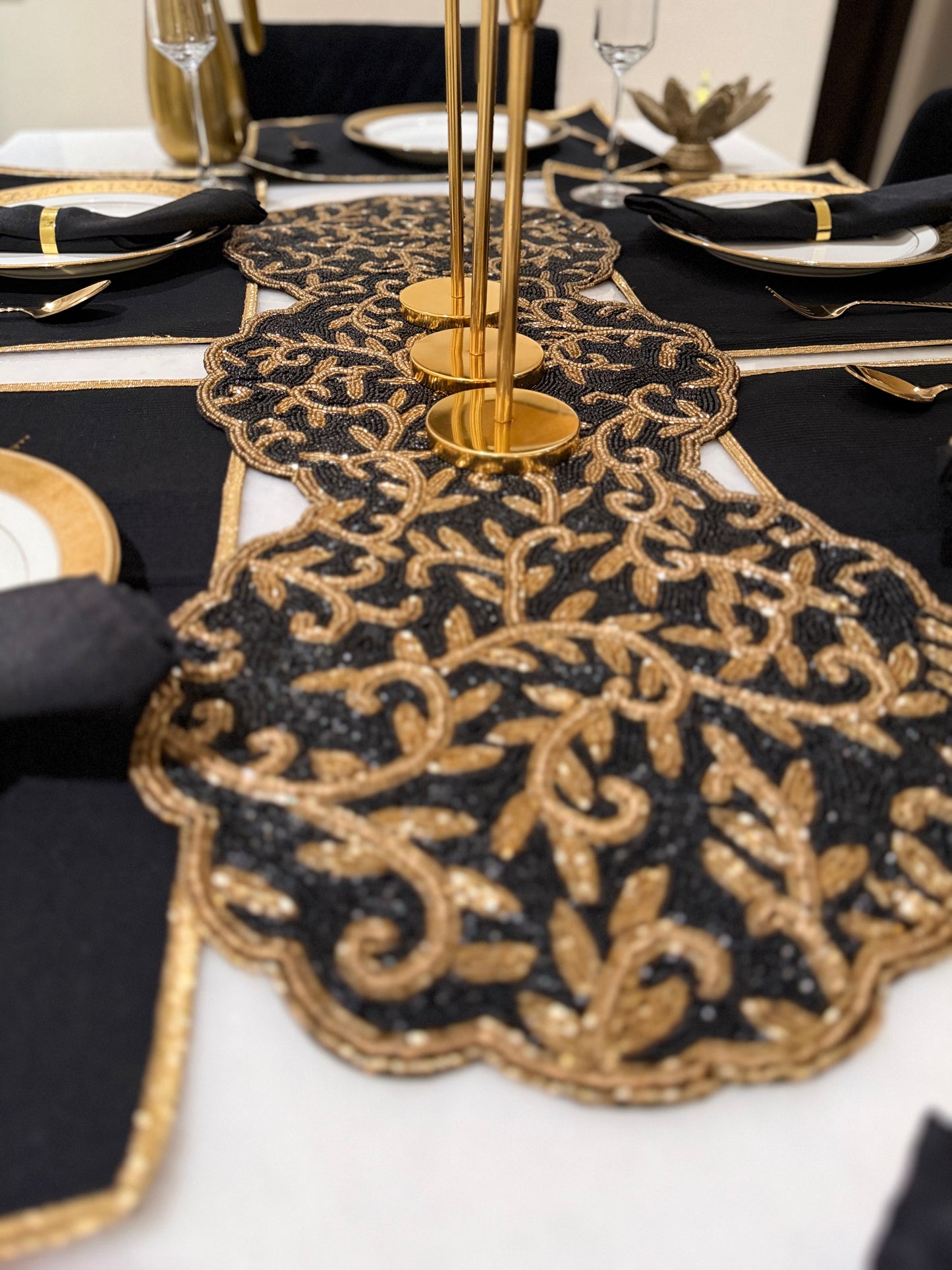 Circular Black & Gold Table Runner - Round Table Luxury Runner