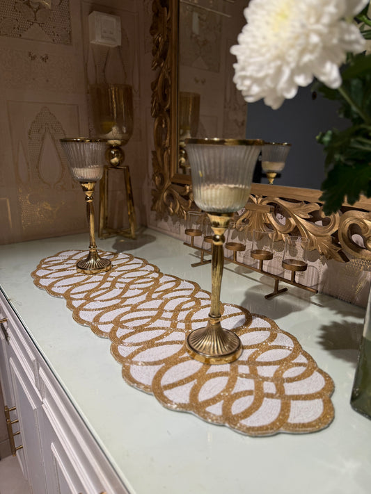 White & Gold Circular Table Runner - Round Table Decorative Runner