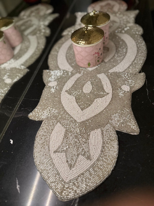 Handcrafted White & Silver Circular Table Runner with Beaded Details