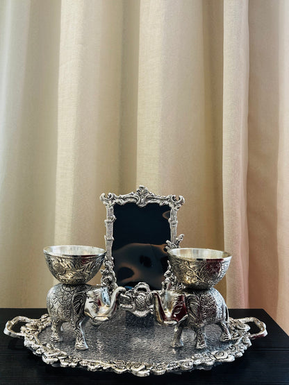 German silver pooja thali with a Photo frame, 2 Elephants and a Tray