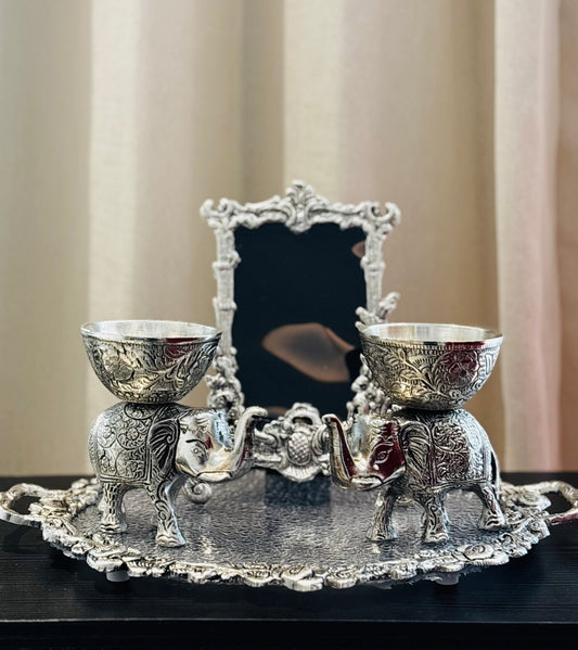 German silver pooja thali with a Photo frame, 2 Elephants and a Tray