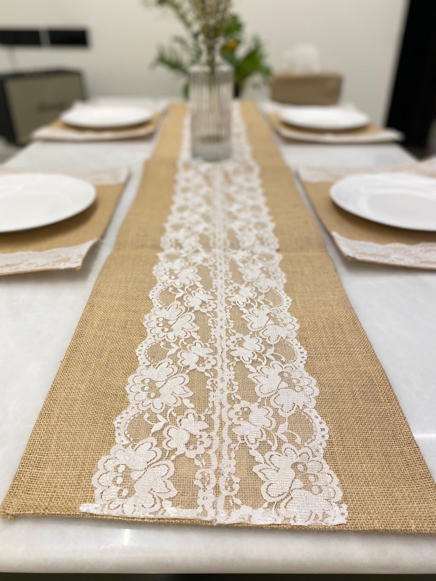 Rustic Lace Jute Table Runner & Placemats Set