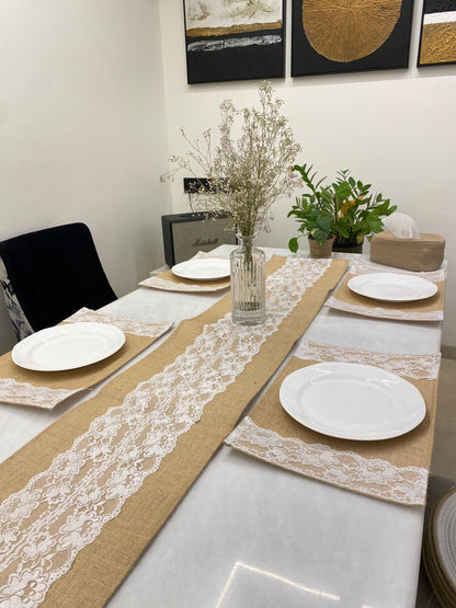 Rustic Lace Jute Table Runner & Placemats Set