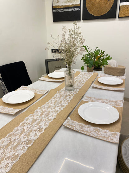 Rustic Lace Jute Table Runner & Placemats Set