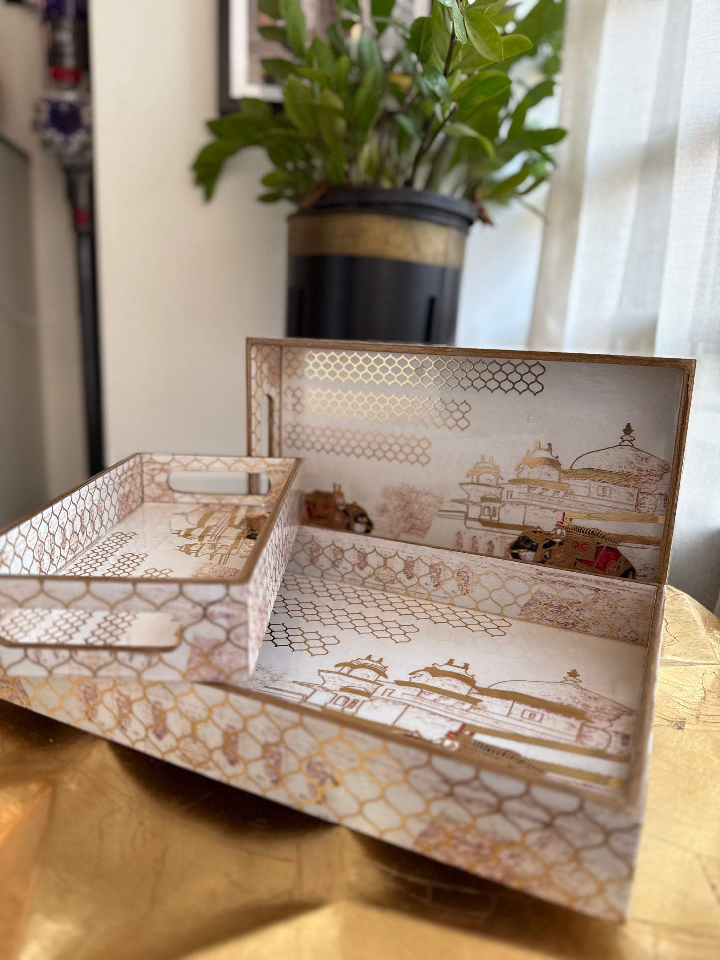 Royal Maharaja Gold Engraved Wooden Tray Set (Set of 3)