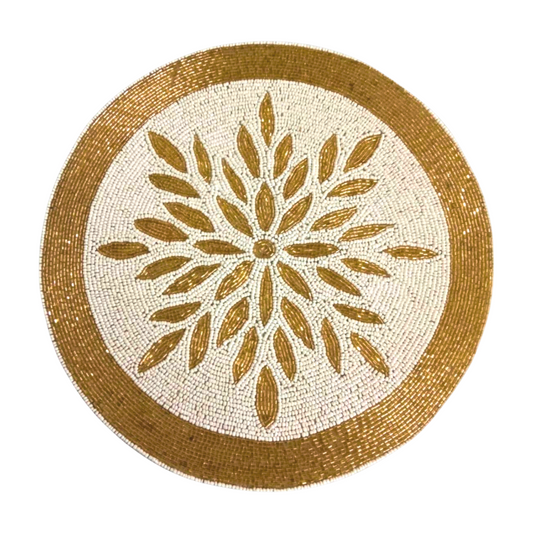 Elegant Hand Embilleshed Gold and White Table Mat with Decorative Trim