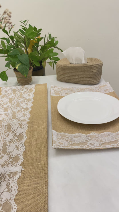 Rustic Lace Jute Table Runner & Placemats Set