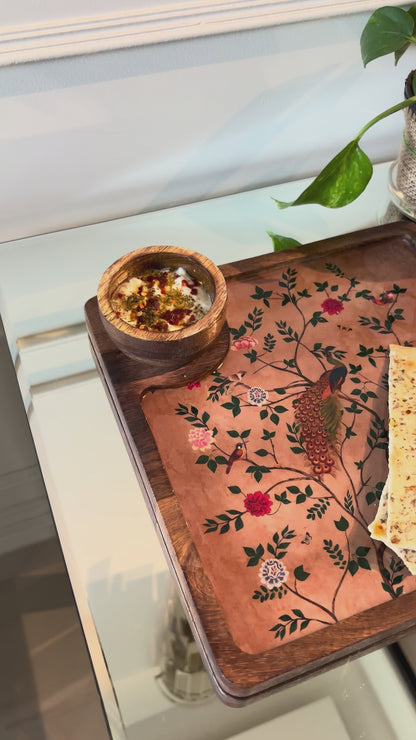 Emerald Peacock Top Wooden Snack and Dip serving Tray with Bowl