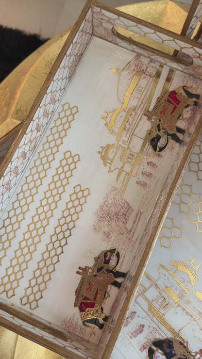 Royal Maharaja Gold Engraved Wooden Tray Set (Set of 3)