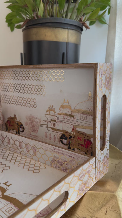 Royal Maharaja Gold Engraved Wooden Tray Set (Set of 3)