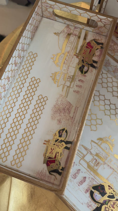 Royal Maharaja Gold Engraved Wooden Tray Set (Set of 3)