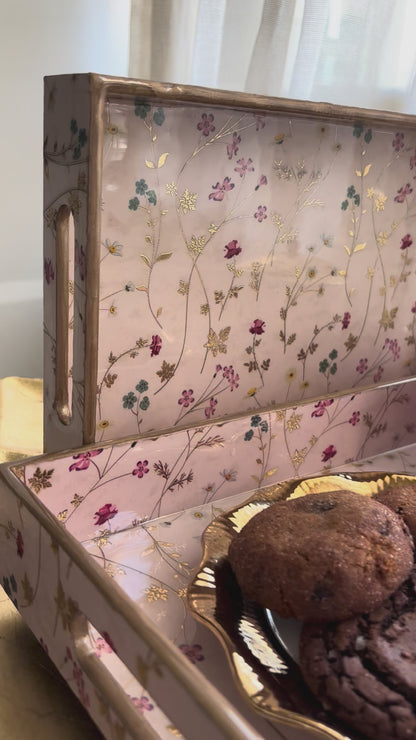 Blush Meadow Gold Floral Wooden Tray set of 2