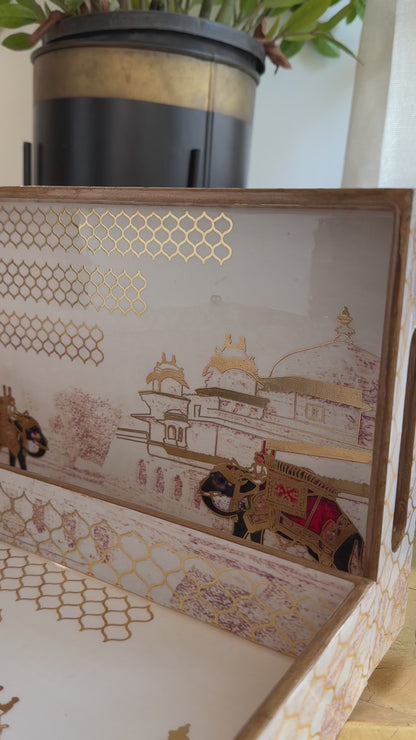 Royal Maharaja Gold Engraved Wooden Tray Set (Set of 3)
